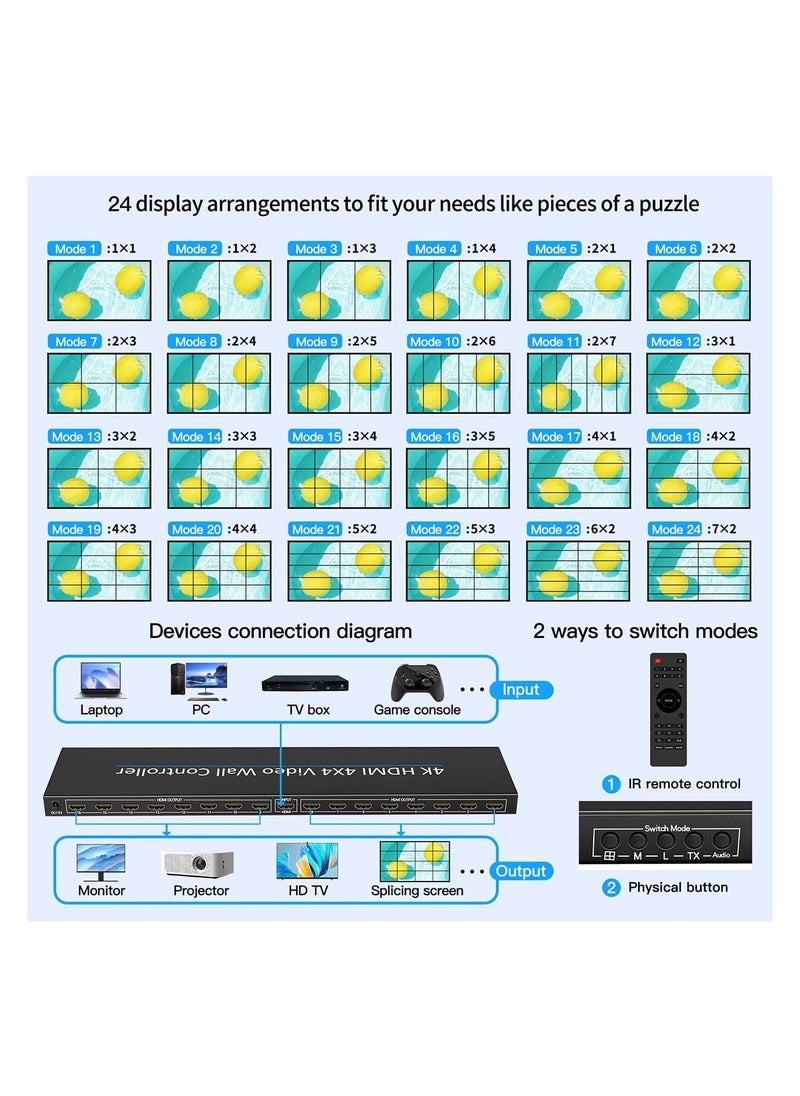 Generic - AvvA 4K HDMI Video Wall Controller 4x4 16 Ways TV Processor Large Screen Video Splicer Box 2x2 2x3 3x3 5X2 6X2 5X3 2X7 2x6 3x4 4X3 Multi Video Screen Processor Splicer - Image 1