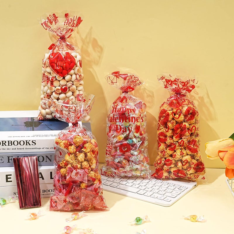 Onfaon Valentines Goodie Bags  180Pcs Valentines Candy Bags With 200Pcs Twists For Snacks Cookies Candy Packing  Valentines Cellophane Treat Bags For Classroom Parties  Kids  Coworkers - Image 5