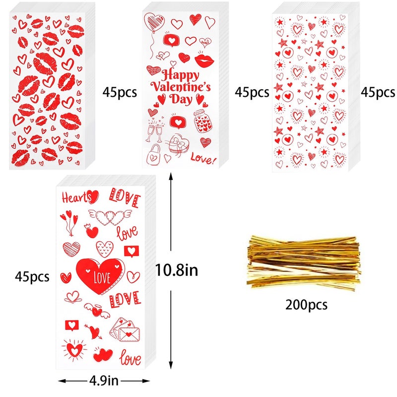 Onfaon Valentines Goodie Bags  180Pcs Valentines Candy Bags With 200Pcs Twists For Snacks Cookies Candy Packing  Valentines Cellophane Treat Bags For Classroom Parties  Kids  Coworkers - Image 2