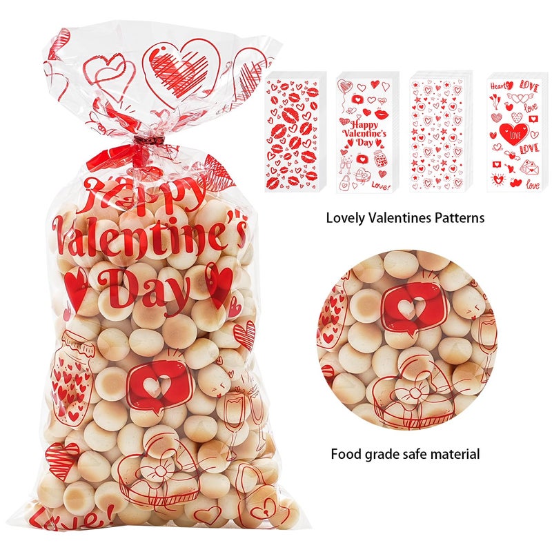 Onfaon Valentines Goodie Bags  180Pcs Valentines Candy Bags With 200Pcs Twists For Snacks Cookies Candy Packing  Valentines Cellophane Treat Bags For Classroom Parties  Kids  Coworkers - Image 3