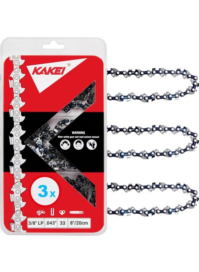 KAKEI 8 Inch Chainsaw Chain 3/8" LP Pitch .043" Gauge 33 Drive Links Fits Ryobi P4361, P5452, Greenworks 20142 3004, Poulan 810 EPT, Worx WG349 and More (3 Chains) - Semi Chisel - Image 1