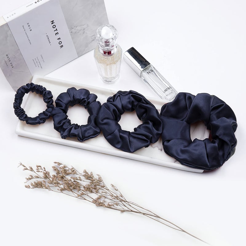 LILYSILK Silk Hair Scrunchies for Frizz & Breakage Prevention 100% Mulberry Silk Hair Ties No Damage Elastic Silk Ponytail Holders, Navy Blue, 4PC - Image 3