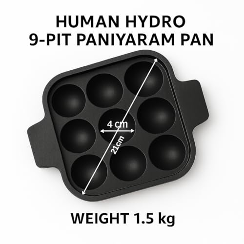 Human Hydro Pre Seasoned Cast Iron Paniyaram Pan 20cm/ 8inch (9-Pit) Prefered for Paddu,Gunta Ponganalu, Appam Patra, Kuzhi, Paniyarakkal Pan for Appe and Litti, Nonstick 100% Pure & Toxin-Free - Image 2