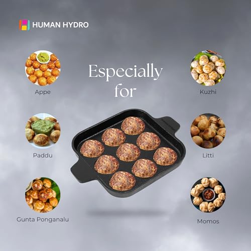 Human Hydro Pre Seasoned Cast Iron Paniyaram Pan 20cm/ 8inch (9-Pit) Prefered for Paddu,Gunta Ponganalu, Appam Patra, Kuzhi, Paniyarakkal Pan for Appe and Litti, Nonstick 100% Pure & Toxin-Free - Image 4
