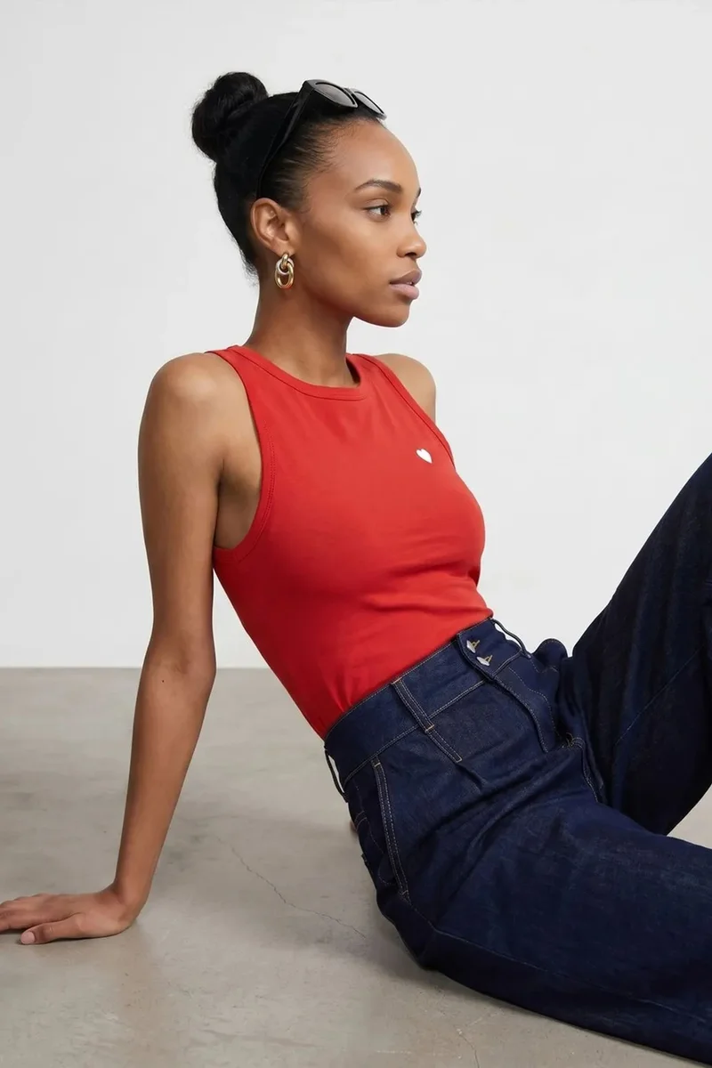 Dilvin Red DILVIN Embroidered Sleeveless Slim-Fit Jersey Blouse for Women | Best Price UAE