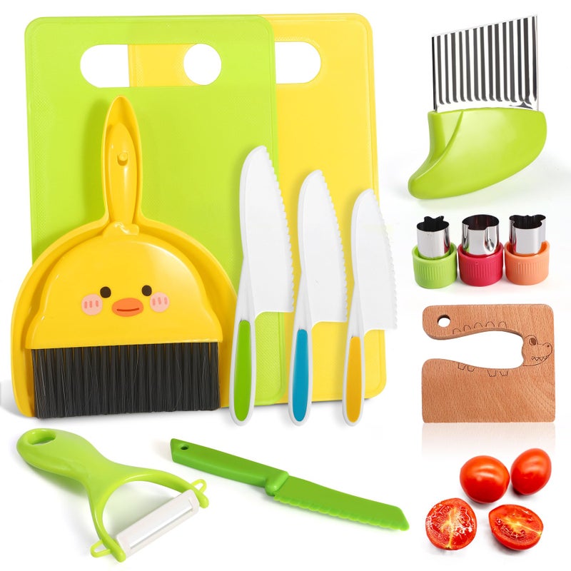 Salufo 14 Piece Montessori Kids Knife Set for Real Cooking - Safe Plastic & Wooden Kitchen Tool Gift for Toddler Age 2-9 | Learning Toy with Crinkle / Sandwich Cutter & Cutting Board, Birthday - Image 1
