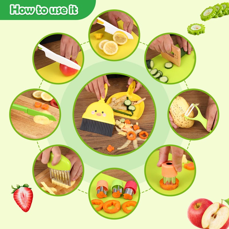 Salufo 14 Piece Montessori Kids Knife Set for Real Cooking - Safe Plastic & Wooden Kitchen Tool Gift for Toddler Age 2-9 | Learning Toy with Crinkle / Sandwich Cutter & Cutting Board, Birthday - Image 3