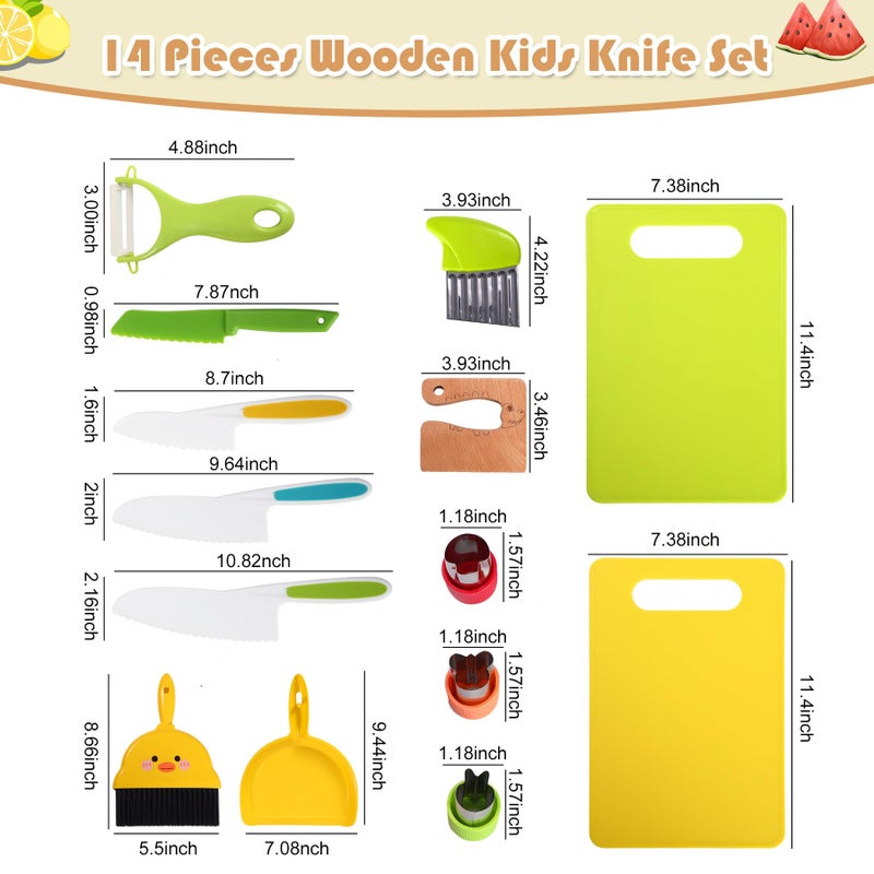 Salufo 14 Piece Montessori Kids Knife Set for Real Cooking - Safe Plastic & Wooden Kitchen Tool Gift for Toddler Age 2-9 | Learning Toy with Crinkle / Sandwich Cutter & Cutting Board, Birthday - Image 4