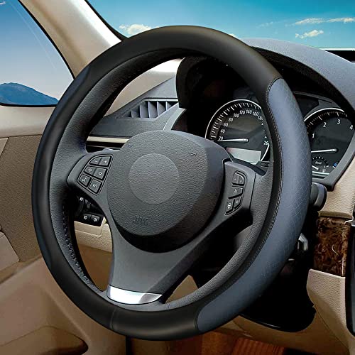 VARGTR Steering Wheel Cover, Microfiber Leather Splicing with Classic Embossing,Contrasting Colors Anti-Slip Breathable Auto Car Steering Wheel Cover Fit 15 Inch Car Wheel Protector (Black&Blue) - Image 1