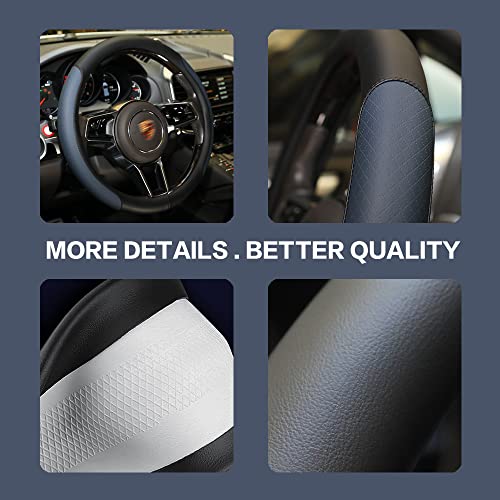 VARGTR Steering Wheel Cover, Microfiber Leather Splicing with Classic Embossing,Contrasting Colors Anti-Slip Breathable Auto Car Steering Wheel Cover Fit 15 Inch Car Wheel Protector (Black&Blue) - Image 4