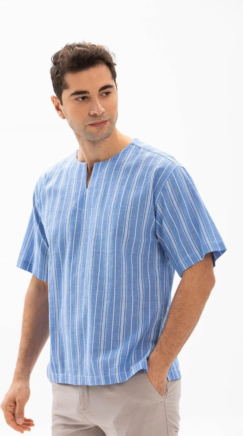 اليش شيل بيزي Eliş Şile Diaper Short Sleeve Şile Diaper Crew Neck Men's Tshirt Blue White Striped