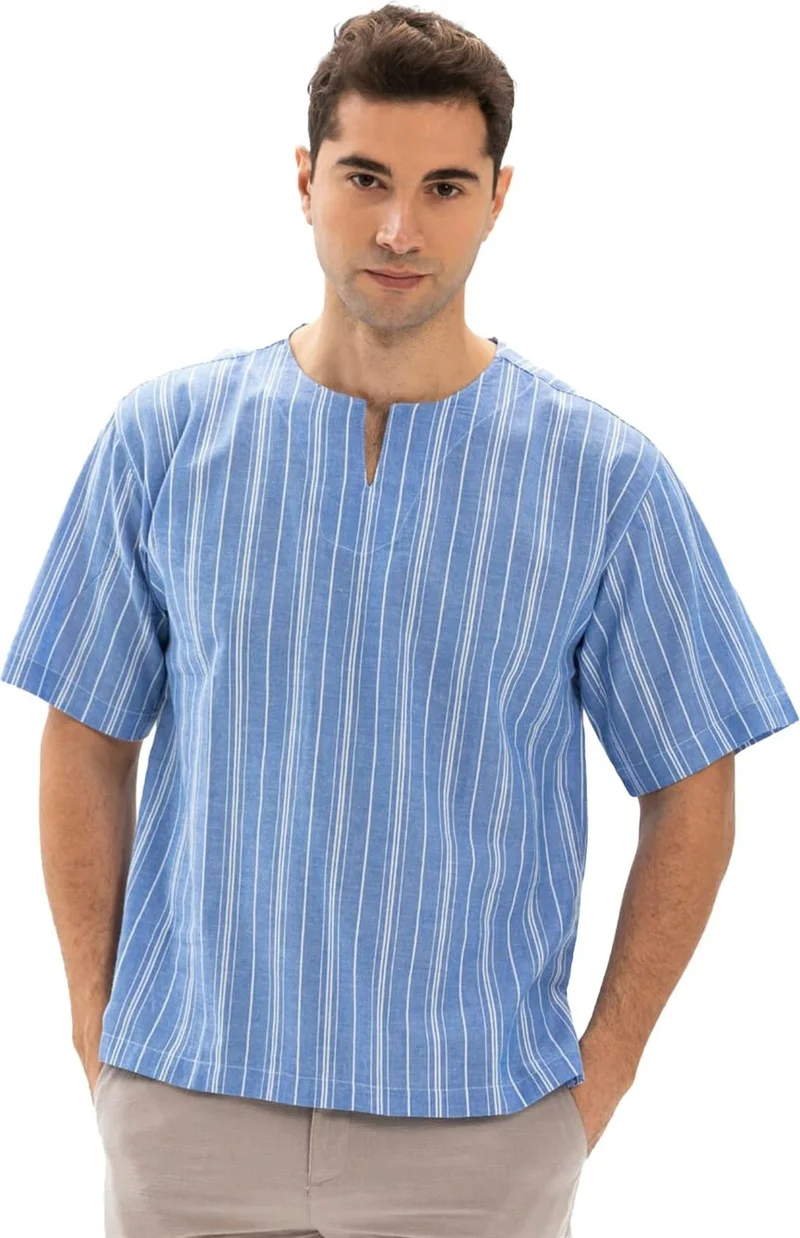 اليش شيل بيزي Eliş Şile Diaper Short Sleeve Şile Diaper Crew Neck Men's Tshirt Blue White Striped