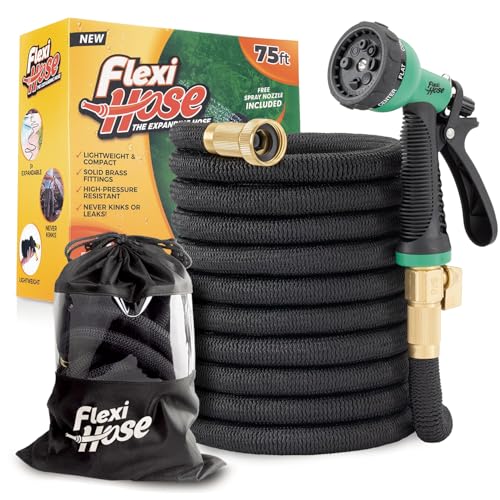 Flexi Hose Plus Expandable Garden Hose with 8 Function Nozzle 75FT Lightweight Retractable Garden Hose Water Hose NoKink Flexibility 34 Inch Solid Brass Fittings Includes Hook Bag - Image 1
