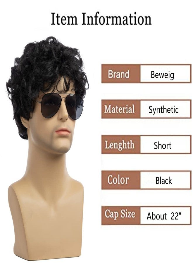 Beweig Mens Black Wig Short Curly Layered Cosplay Wig Synthetic Halloween Hair Wig with Wig Cap - Image 3