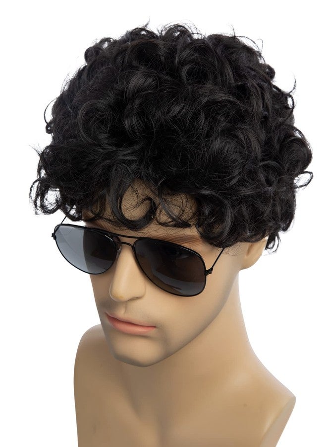 Beweig Mens Black Wig Short Curly Layered Cosplay Wig Synthetic Halloween Hair Wig with Wig Cap - Image 5