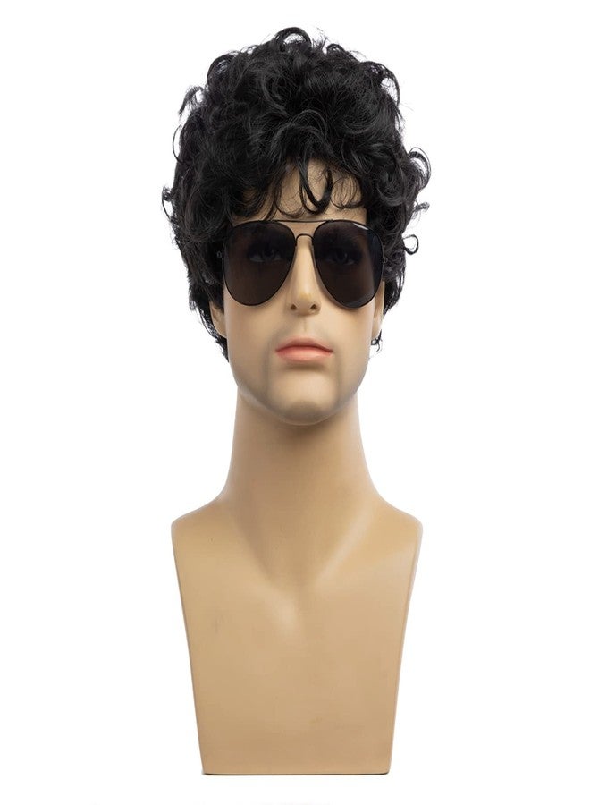 Beweig Mens Black Wig Short Curly Layered Cosplay Wig Synthetic Halloween Hair Wig with Wig Cap - Image 2