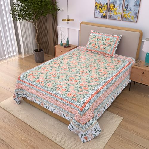 EasyGoods® 100% Pure Cotton Jaipuri Bedsheet with Pillow Covers | Soft & Breathable Fabric | Traditional Floral Print | Cotton Bedsheet (Orange 2, Single) - Image 3