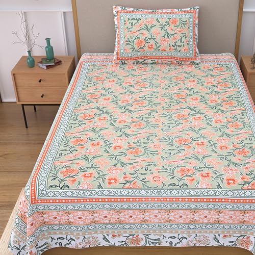 EasyGoods® 100% Pure Cotton Jaipuri Bedsheet with Pillow Covers | Soft & Breathable Fabric | Traditional Floral Print | Cotton Bedsheet (Orange 2, Single) - Image 1