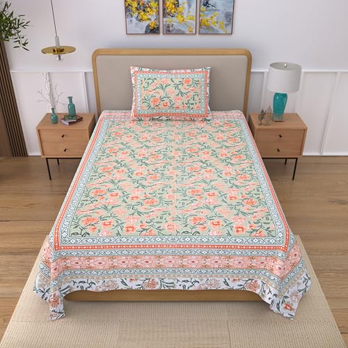 EasyGoods® 100% Pure Cotton Jaipuri Bedsheet with Pillow Covers | Soft & Breathable Fabric | Traditional Floral Print | Cotton Bedsheet (Orange 2, Single) - Image 2