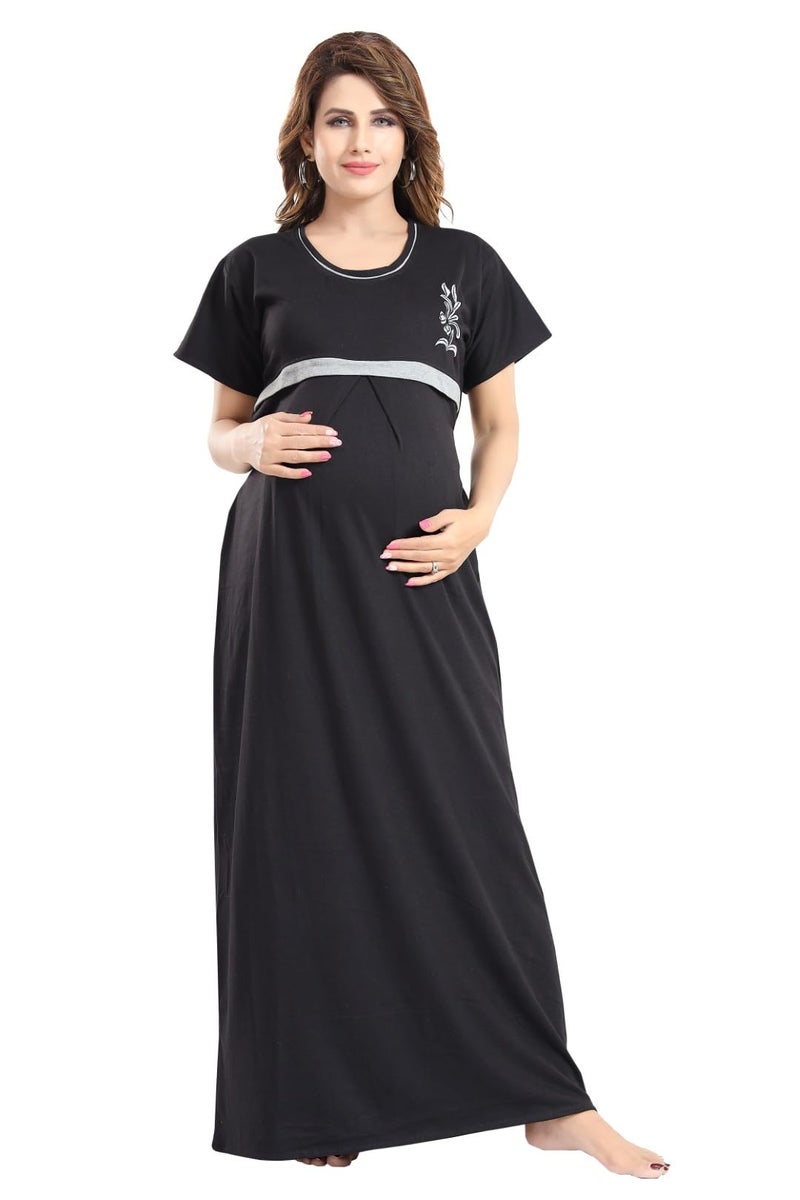 Fabme Women's Hosiery, Nursing, Feeding, Maternity Long Nighty - Zip Opening at Bust - Before and After Baby Multipurpose Nighty - Black - Image 1