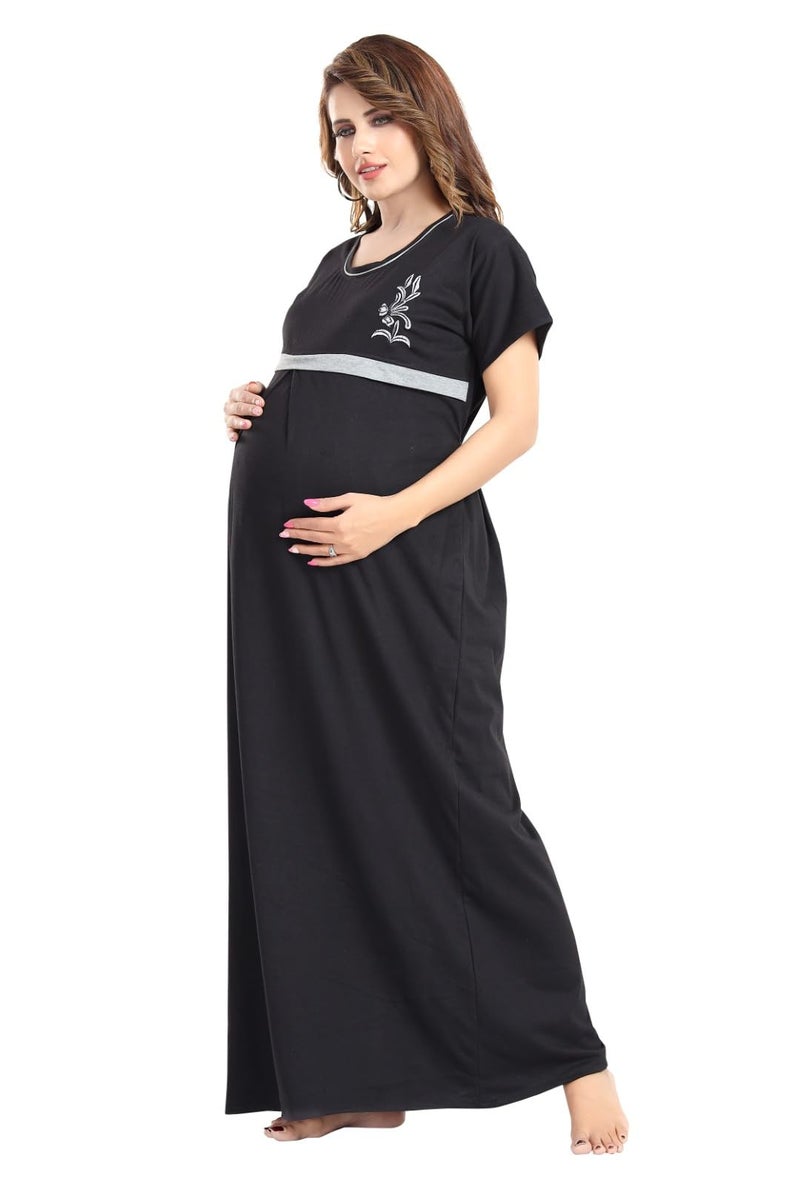 Fabme Women's Hosiery, Nursing, Feeding, Maternity Long Nighty - Zip Opening at Bust - Before and After Baby Multipurpose Nighty - Black - Image 4