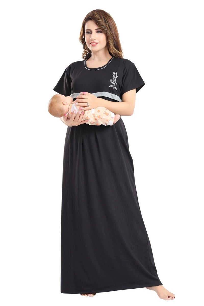 Fabme Women's Hosiery, Nursing, Feeding, Maternity Long Nighty - Zip Opening at Bust - Before and After Baby Multipurpose Nighty - Black - Image 5