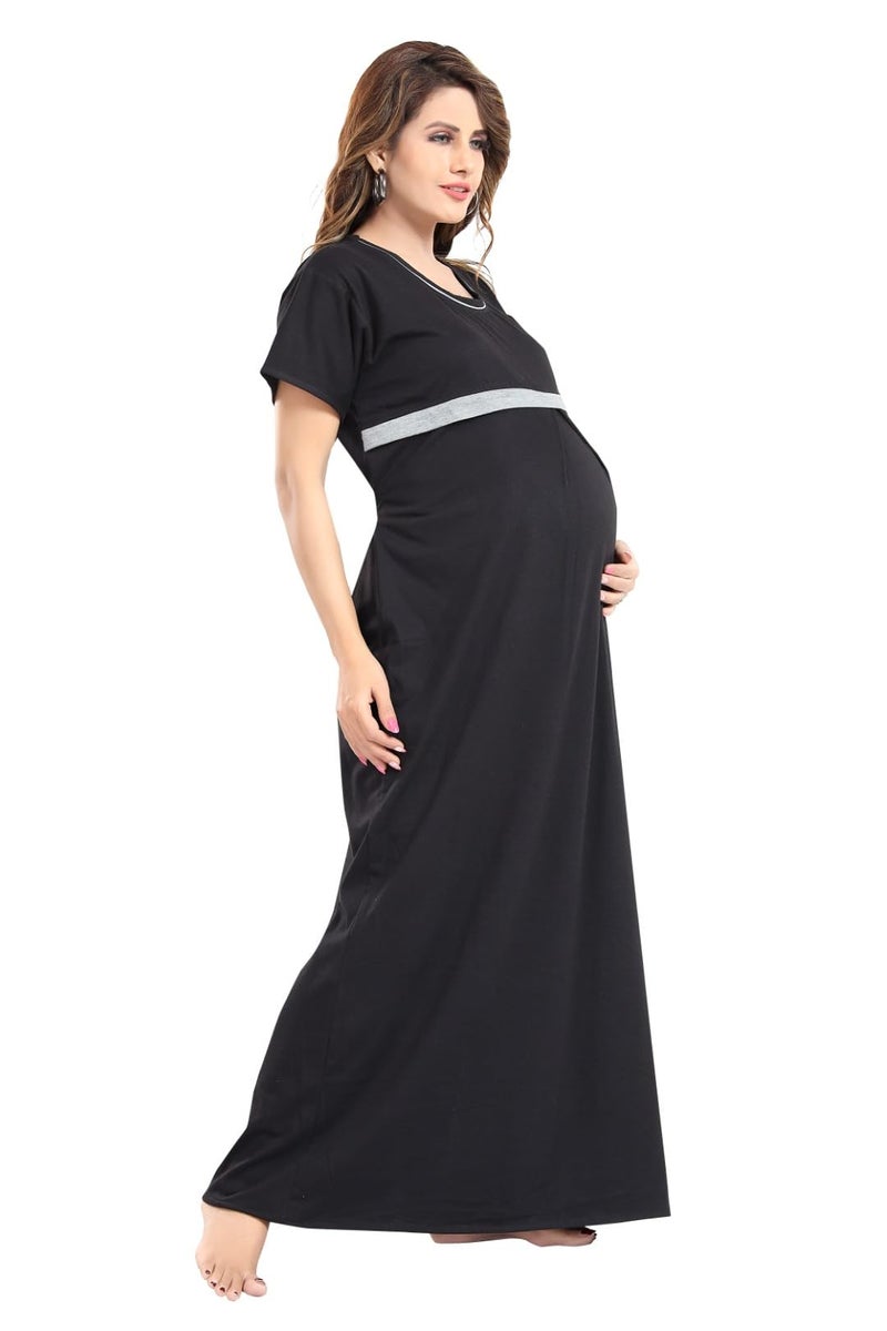 Fabme Women's Hosiery, Nursing, Feeding, Maternity Long Nighty - Zip Opening at Bust - Before and After Baby Multipurpose Nighty - Black - Image 3