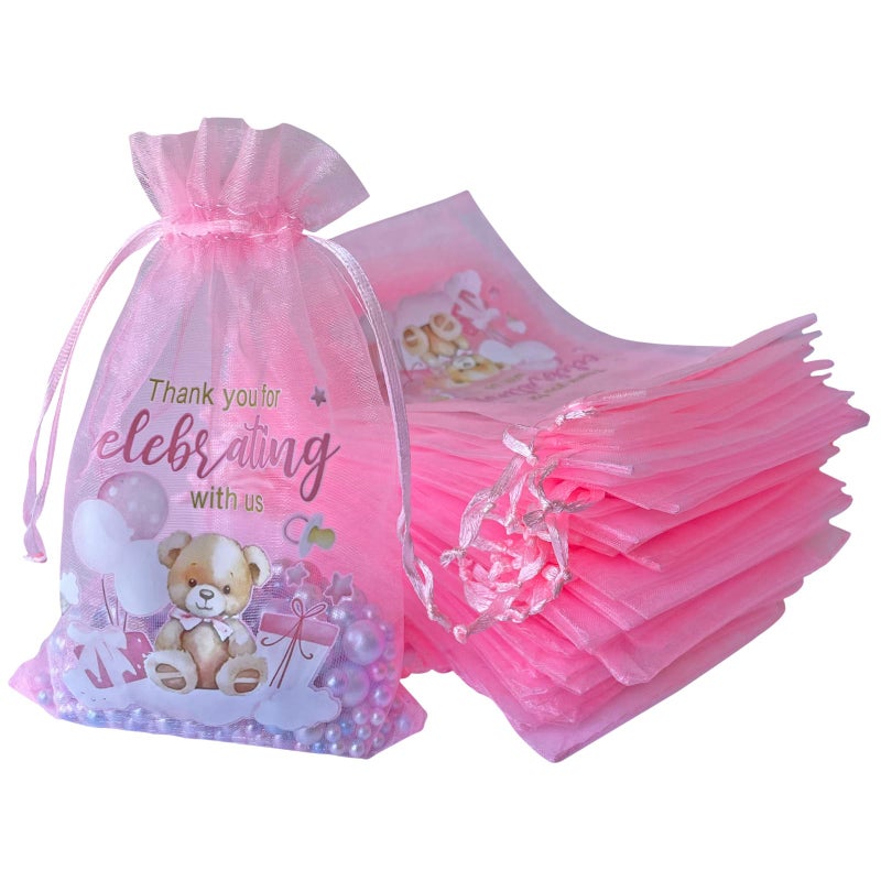 LXKBD 50PCS Organza Bags for Baby Shower Party Favor,4x6 Inch Small Pink Sheer Drawstring Mesh Pouch Treat Bags for Girl Birthday Gift Bag - Image 1