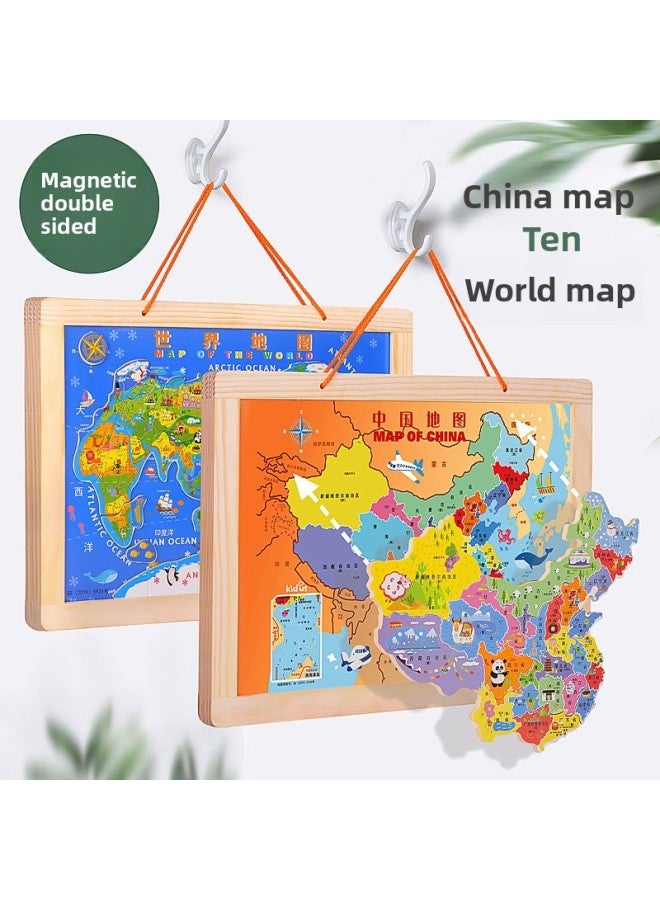 China Map Wooden Puzzle Magnetic Large World Plane Early Childhood Educational Toys Puzzle Geographical Cognition-Color:Double Sided Magnetic China + World Map - Image 3