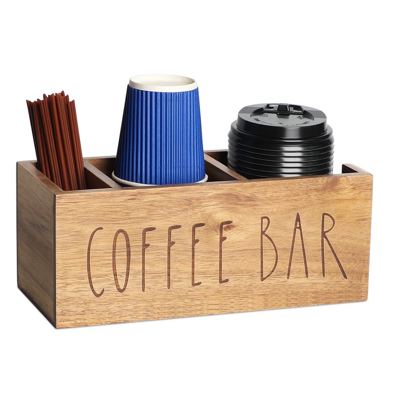 LBEMEY Acacia Wood Station Organizer,Coffee Station Organizer for Cup Lid Stirrers Pod, Disposable Coffee Cup Holder, Farmhouse Accessories Decor, Brown Labeled "COFFEE BAR" - Image 1