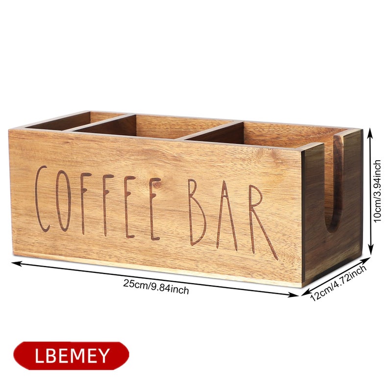 LBEMEY Acacia Wood Station Organizer,Coffee Station Organizer for Cup Lid Stirrers Pod, Disposable Coffee Cup Holder, Farmhouse Accessories Decor, Brown Labeled "COFFEE BAR" - Image 3
