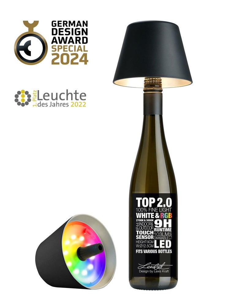 Sompex Top 2.0 Bottle Table Lamp Matte Finish | Stylish Rechargeable LED Lamp | Modern, Wireless & Portable Design | Perfect for Indoor & Outdoor | Adjustable light settings | 12.5x11 cm - Black - Image 2