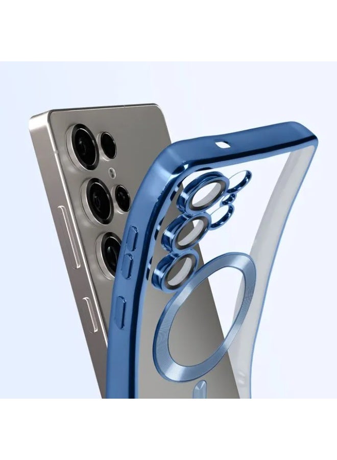 جراب هاتف مغناطيسي لهاتف S25 Ultra، شفاف بإطار أزرق، مقاوم للصدمات مع حلقة مدمجة - Image 2