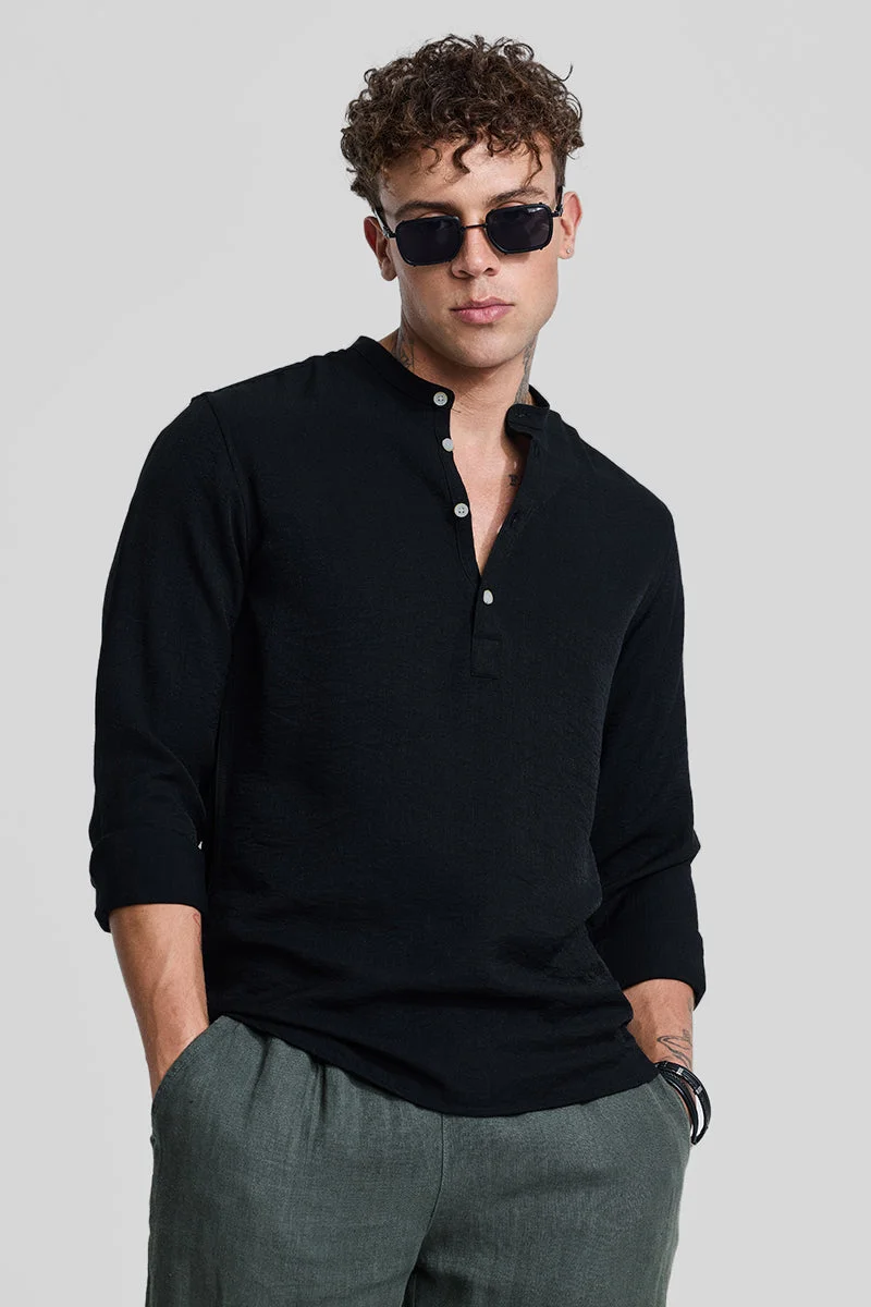 سنيتش Black Textured Long Sleeve Slim Fit Casual Shirt