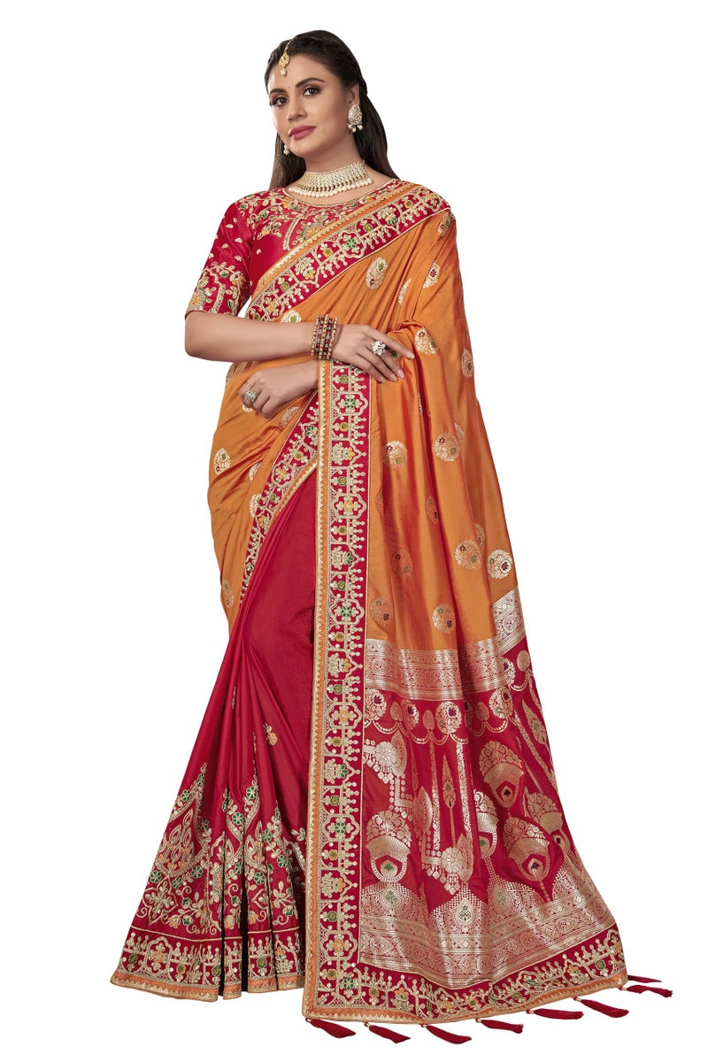 MANOHARI Women Banarasi Silk Woven Saree With Heavy Embroidery Blouse Piece_Mn1873, Mustard - Image 1