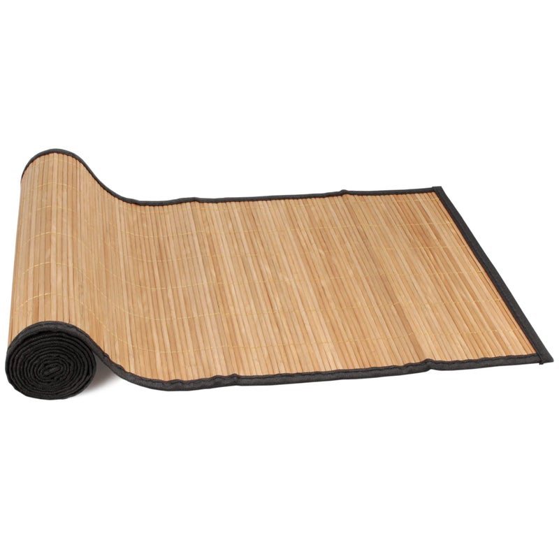 BambooMN Natural Brown Slat Bamboo Table Runner with Fabric Border  Home D?cor  Brown w/ Black Border - 1 Piece - Image 1