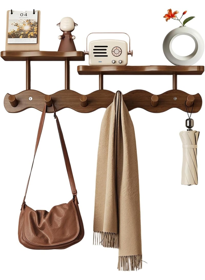 Arabest Bamboo Coat Rack with Shelf – 52 cm Wall-Mounted Double Layer Hooks, 6 Sturdy Wooden Hooks for Entryway, Hallway, Bathroom & Bedroom – Space-Saving Hanger for Coats, Hats, Bags & Towels (Brown) - Image 1