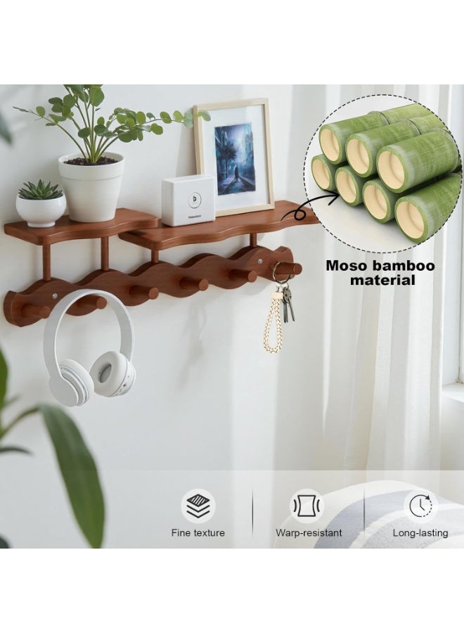Arabest Bamboo Coat Rack with Shelf – 52 cm Wall-Mounted Double Layer Hooks, 6 Sturdy Wooden Hooks for Entryway, Hallway, Bathroom & Bedroom – Space-Saving Hanger for Coats, Hats, Bags & Towels (Brown) - Image 3