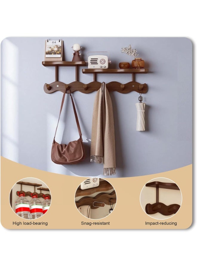 Arabest Bamboo Coat Rack with Shelf – 52 cm Wall-Mounted Double Layer Hooks, 6 Sturdy Wooden Hooks for Entryway, Hallway, Bathroom & Bedroom – Space-Saving Hanger for Coats, Hats, Bags & Towels (Brown) - Image 4