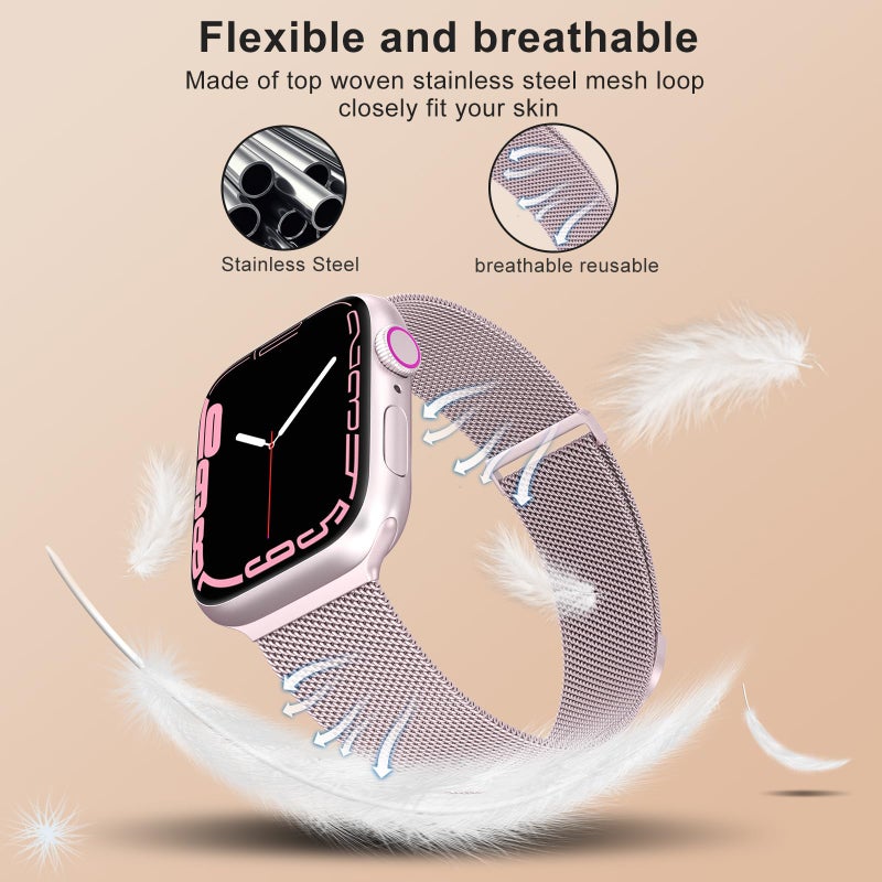 MARGE PLUS Compatible with Apple Watch Band Series 10, Ultra 2, SE, Ultra 9 8 7 6 5 4 Women and Men, Stainless Steel Mesh Loop Magnetic Clasp Replacement for iWatch Bands 38mm 40mm 41mm 42mm Pink - Image 4