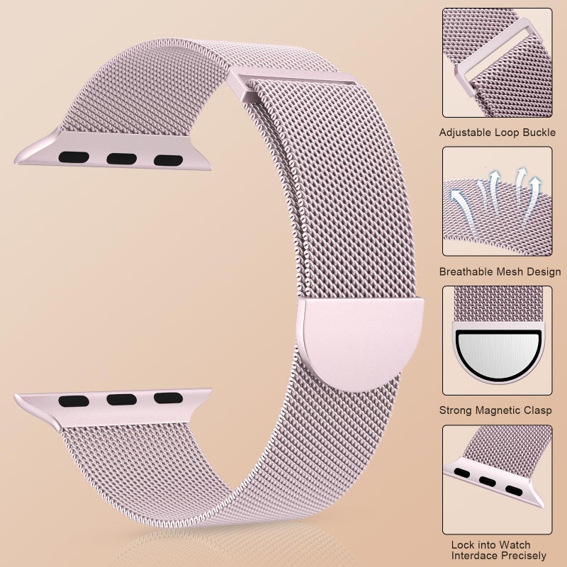 MARGE PLUS Compatible with Apple Watch Band Series 10, Ultra 2, SE, Ultra 9 8 7 6 5 4 Women and Men, Stainless Steel Mesh Loop Magnetic Clasp Replacement for iWatch Bands 38mm 40mm 41mm 42mm Pink - Image 2