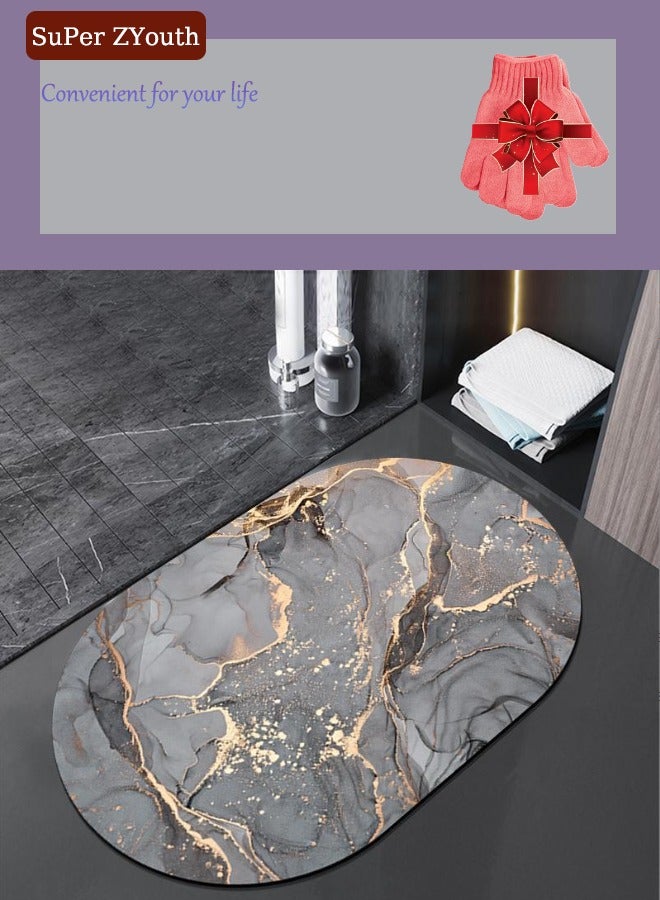 Super ZYouth Marble Pattern Diatom Mud Round Floor Mat, with Free Bath Gloves, NonSlip Bathroom Floor Mat, Quick-Drying and Easy-to-Clean Door Mat, Super Absorbent Carpet, Bathroom/Toilet/Kitchen/Entrance 50x80cm - Image 1