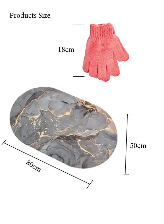 Super ZYouth Marble Pattern Diatom Mud Round Floor Mat, with Free Bath Gloves, NonSlip Bathroom Floor Mat, Quick-Drying and Easy-to-Clean Door Mat, Super Absorbent Carpet, Bathroom/Toilet/Kitchen/Entrance 50x80cm - Image 2