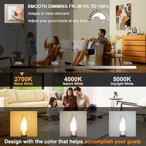 comzler E12 LED Candelabra Bulb Dimmable, Chandelier Light Bulb 2700K Warm White,40W Equivalent,Type B Ceiling Fan Bulbs,C35 B11 Edison Filament Candle Bulbs Candle Lights,400LM,Pack of 6 - Image 2