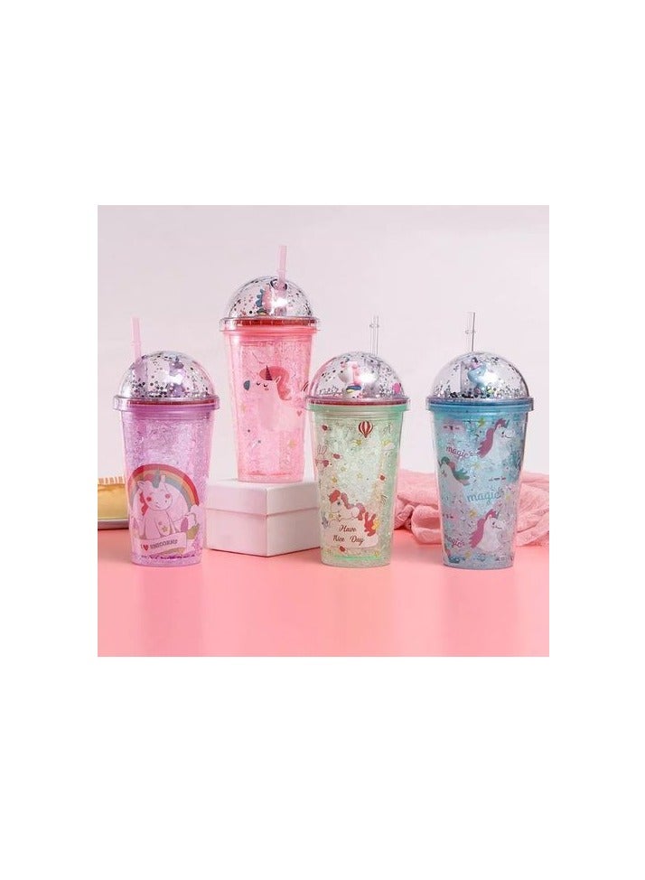 Spaceshoop Unicorn Drinking Cups Children Water Bottle with Straw and Lid for Kids Toddler Travel Tumblers for Girls Boys Gifts for Party Insulated Ice Coffee Mugs Reusable Plastic Drinkware Pack of 1 Assorted 