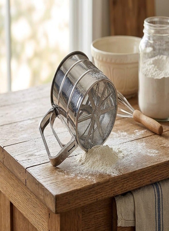 Sakar Stainless Steel Flour Sifter for Baking | Hand Press Atta Chhani Cup with Fine Mesh Sieve | Large Capacity Powder Sifter for Flour Sugar Cocoa Coffee - Image 1