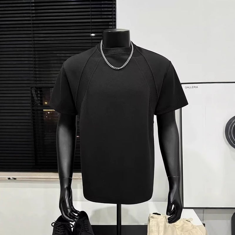 Cleanfit Gray Small Neckline T-Shirt Men'S American Style Right Shoulder Short Sleeve Boxy Splicing Half Sleeve - Image 1