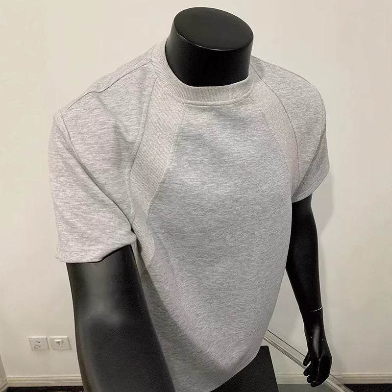 Cleanfit Gray Small Neckline T-Shirt Men'S American Style Right Shoulder Short Sleeve Boxy Splicing Half Sleeve - Image 2