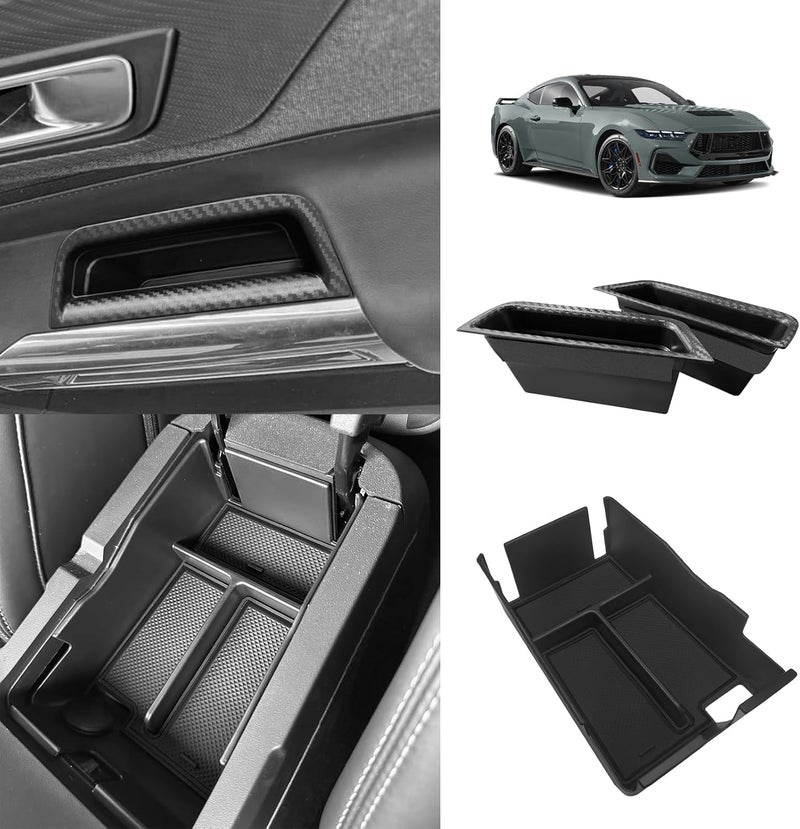 Muslogy Center Console Organizer and Door Handle Storage Box for Ford Mustang 2024 - 3PCS Set (Black) - Image 1