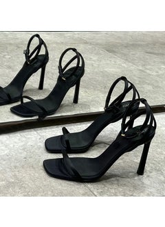 2023 Summer New Style Womens Elegant Square Head Peep Toe High Heels One Row Strap Fine Heeled Sandals Legal In China Black